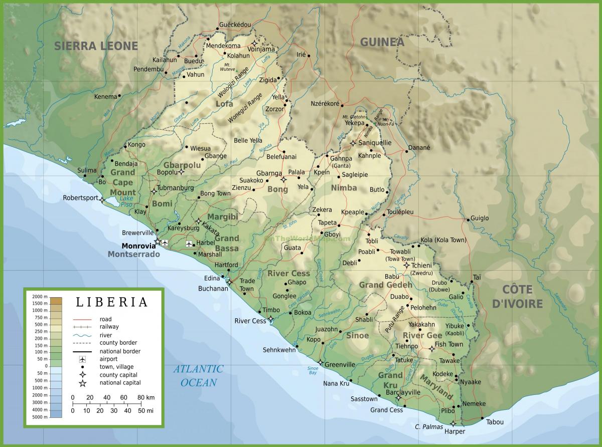 menarik peta fizikal Liberia